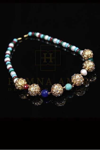 Picture of Gold Ball Mala Encrusted with Zircons and Multi Colored Stones